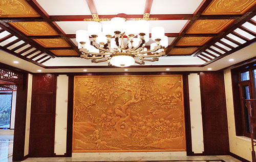 四会中式别墅客厅中式木作横梁吊顶装饰展示